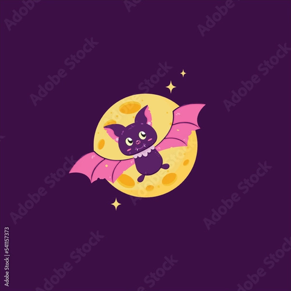 Fototapeta 2D graphic cute bats flying in front of the full moon during the Halloween celebrations in October.