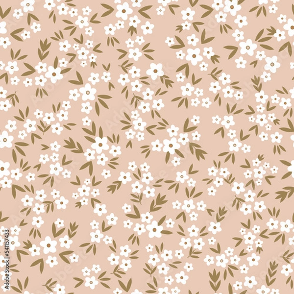 Fototapeta Cute floral pattern in a small flower. Seamless vector texture. An elegant template for fashionable prints. Printing with small white flowers. Beige background.