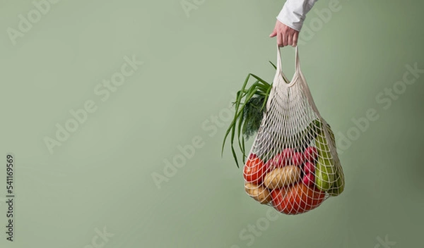 Fototapeta Mesh bag with vegetables and herbs in female hand.