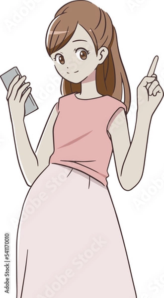 Obraz スマートフォンを持ち、人差し指を立てる妊婦