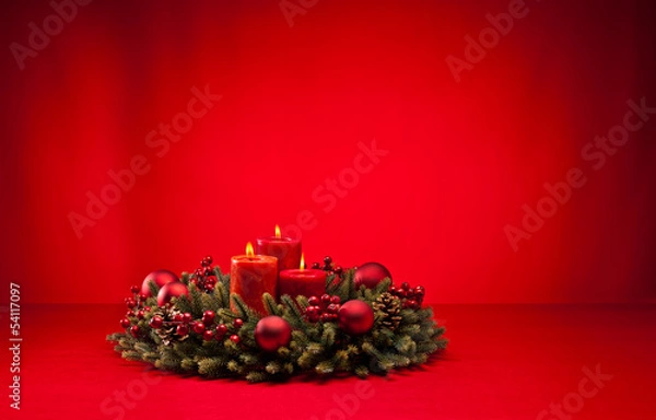 Fototapeta Red advent wreath with candles