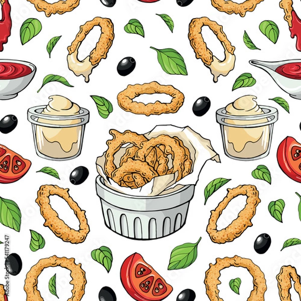 Obraz Vector seamless pattern: appetizing onion rings, red and white sauces, fresh green basil leaves, black olives on white, Design for textile, wrapping paper, table cover, menu.