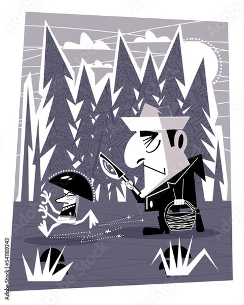 Obraz Mushroom picker collects mushrooms in the forest. Vector illustration.