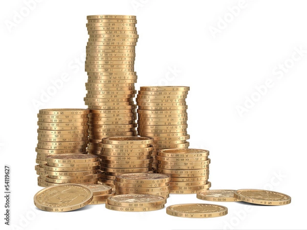 Obraz Stacks of golden dollar coins on white background