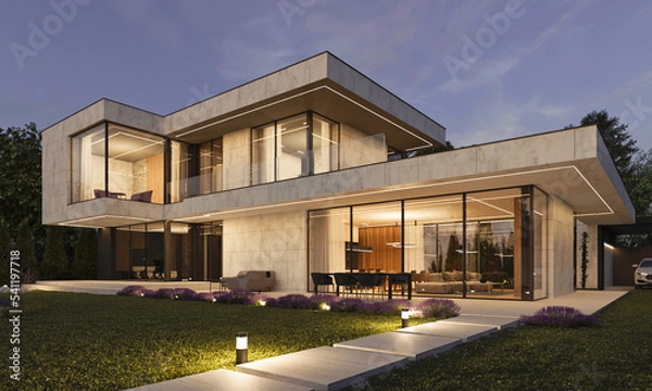 Fototapeta 3D visualization of a modern villa with a courtyard, panoramic windows and a large terrace. flat roof house