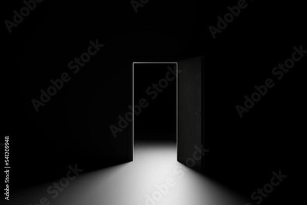 Fototapeta Light falls through a open door in total darkness