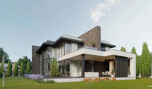 Fototapeta 3D visualization of a modern house with a terrace and panoramic windows. House with a carport and a green area