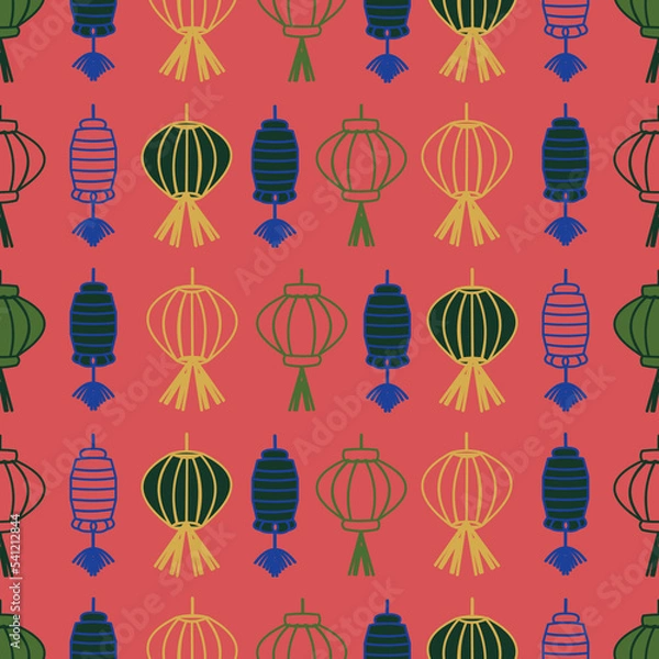 Fototapeta Orange lanterns in rows seamless pattern background.  Perfect for fabric, scrapbooking, quilting, wallpaper and many more projects.
