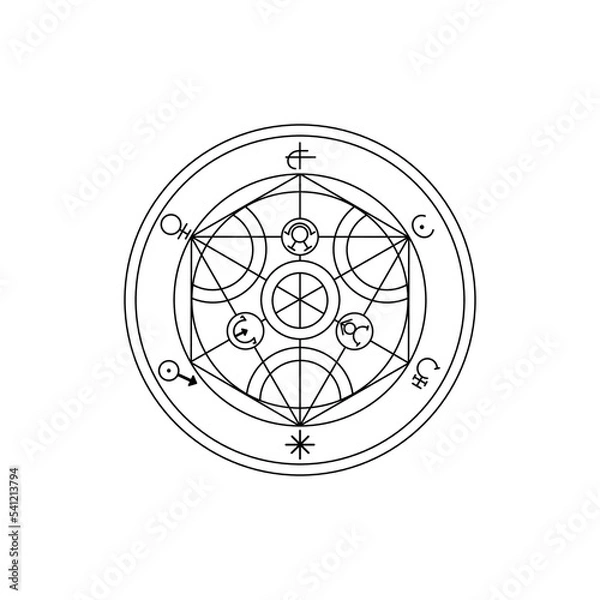 Obraz Hand drawn alchemist's circle. Magic and mystic symbols and signs. Vector alchemist circle