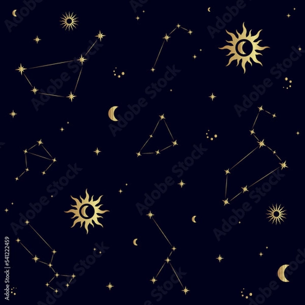 Obraz Seamless pattern with stars, constellation signs, sun, moon. Starry night sky, galaxy. Vector illustration.