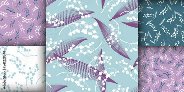 Obraz Floral Pattern Set. Seamless Lily of the Valley Fabric Design. Vintage Flower Ornament. Floral Pattern Set. Romantic Leaves Decoration. Bud of Convallaria Majalis. Spring Floral Pattern.