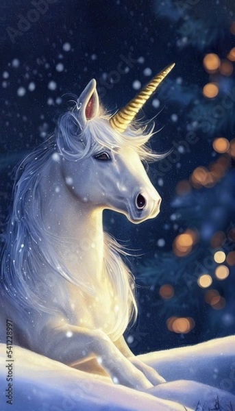 Obraz Piękny jednorożec na śniegu ze świecącymi światłami w tle. Koncepcja Bożego Narodzenia.
