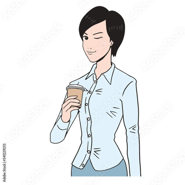 Fototapeta アメコミタッチのコーヒーを持つ女性