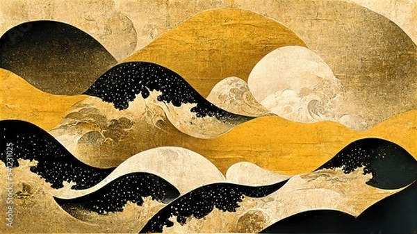 Obraz White, black and gold contemporary artistic Japanese ukiyo-e, folding screen ambience, abstract, elegant, delicate and luxurious retro dramatic graphic design elements