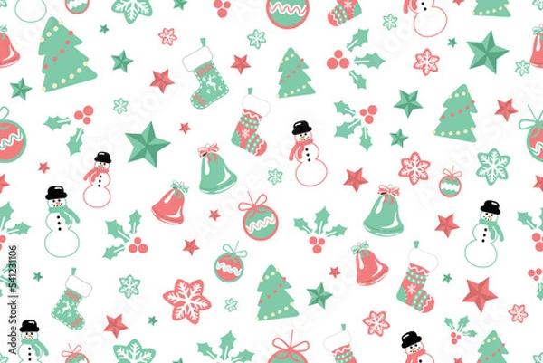 Fototapeta New Year 2023 and Christmas Creative Decorations Vector Seamless Pattern Stunning Christmas Elements Texture Wallpaper in Pastel Colors Gift wrapping paper Banner Poster Layout or card template design