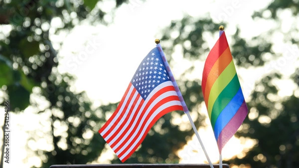 Fototapeta LGBT and USA flags decorated to call out the world to respect gender diversity in pride month, soft and selective focus on the flags.        