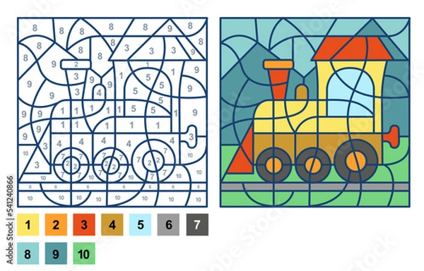 Fototapeta Puzzle game train locomotive, color by number sheet for children. Vector coloring page for learning numbers