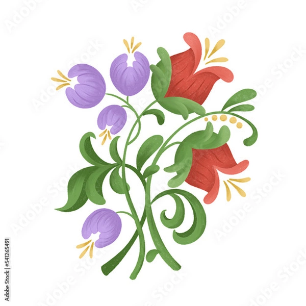 Obraz Traditional folk flower arrangement. Bouquet of blue and red flowers. Isolated illustration. Element design