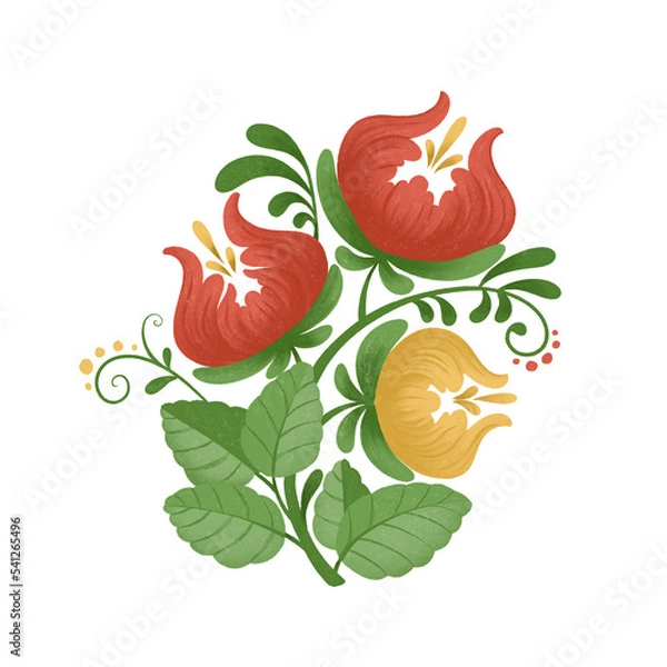 Obraz Hand drawn flowers in folk style. Stylized red and yellow poppies. Watercolor painting on isolated background