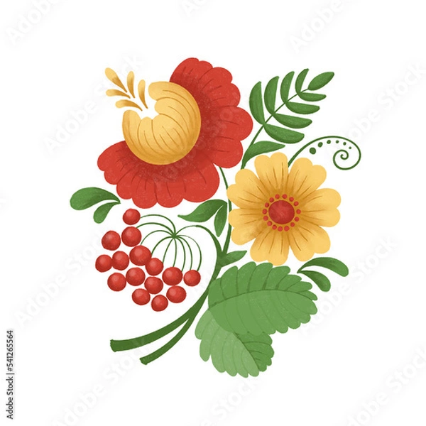 Obraz A stylized bouquet in folk style. Flowers and a branch of red berries. Watercolor drawing on isolated background