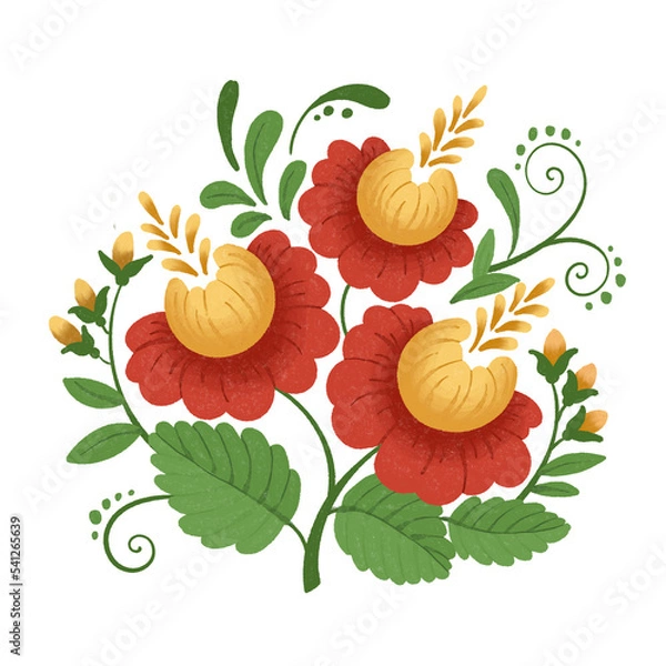 Obraz Floral element in folk style. Three roses and buds. Watercolor illustration on isolated background