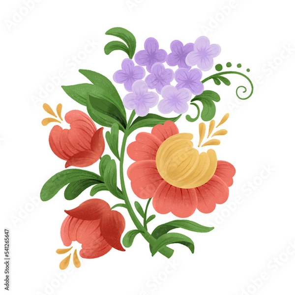 Obraz Floral summer composition in folk style. A branch of lilac and rose. Isolated illustration. Design element
