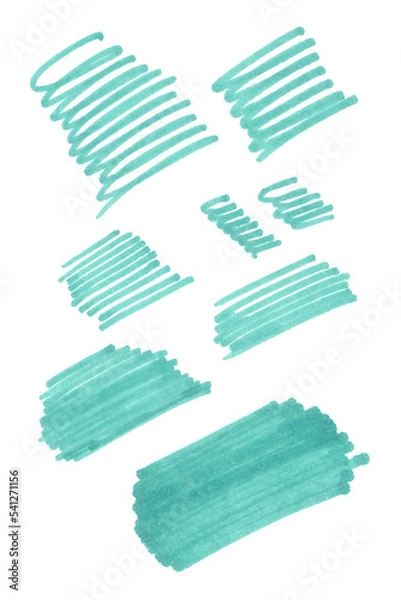 Fototapeta Set of different blue marker strokes. Blue spots isolated on white background. Strokes drawn with thin tip of marker 