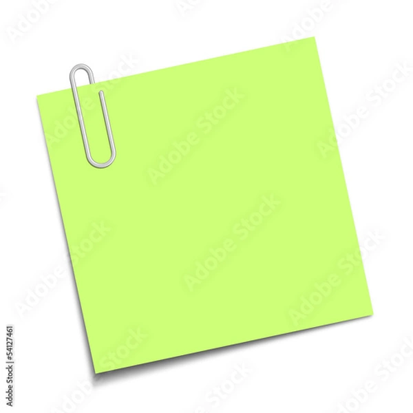 Fototapeta Green sticky note clipped with a paperclip
