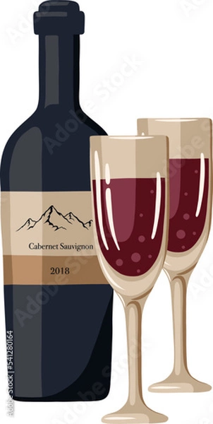 Obraz vector bottle of red wine with two poured glasses
