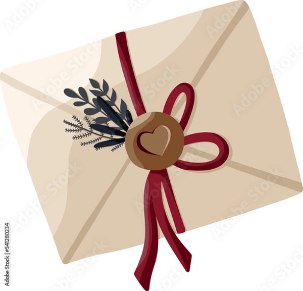 Obraz Vector envelope with red ribbon and plant sprigs