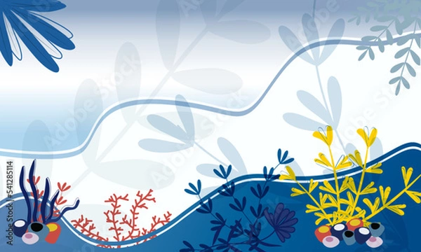 Fototapeta under water, seascape, plants, waves in flat style