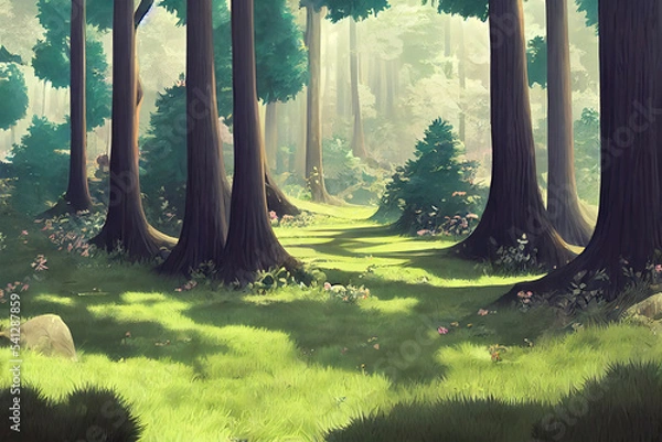 Fototapeta Forest with trees and grass in cartoon style for game development