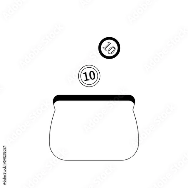 Obraz Opened outline black and white purse with coins falling to open wallet. Isolated vector illustration on white background