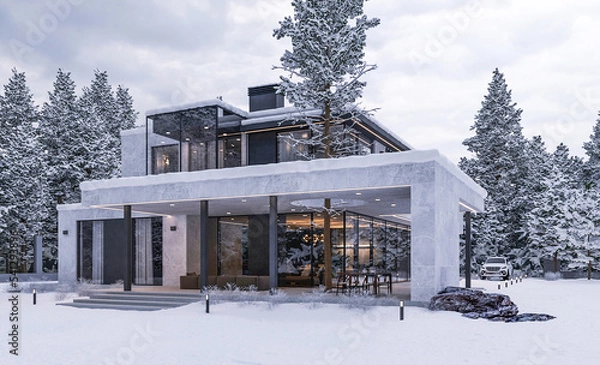 Fototapeta Modern villa with panoramic windows and a terrace. Exterior in the snow. Winter area. Evening illumination of the facade. Tree through the canopy. House in the forest. 3D visualization