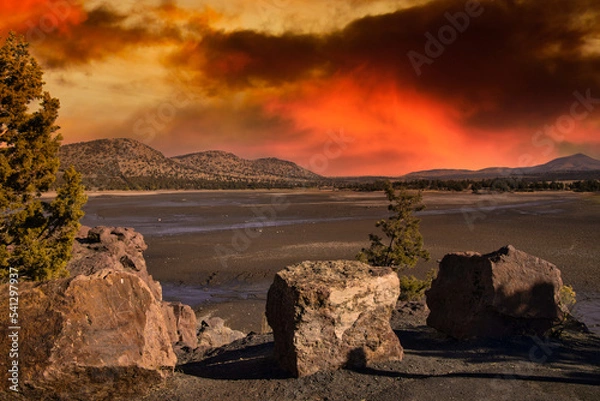 Fototapeta drought and fire with empty reservoirs