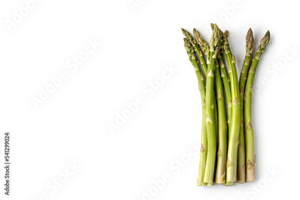 Fototapeta Fresh green asparagus isolated on white background. Top view, copy space, space for text.