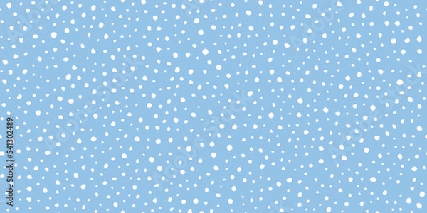 Obraz Hand drawn falling snow seamless pattern, uneven round fading chaotic dots, spots, flakes. Sketched white snowflakes on sky blue repeating snowfall background. 