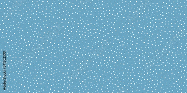 Obraz Hand drawn falling snow seamless pattern, uneven round fading chaotic dots, spots, flakes. Sketched white snowflakes on sky blue repeating snowfall background. 