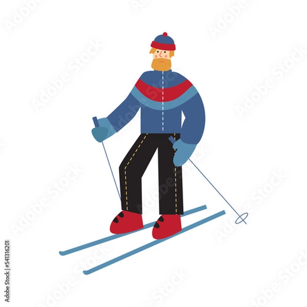 Fototapeta Vector flat illustration with skiing man isolated on white background.