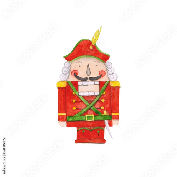 Fototapeta Nutcracker is isolated on a transparent background. Watercolor character from the Christmas nutcracker ballet. Holiday solder doll illustration. A figure of the nutcracker clipart.