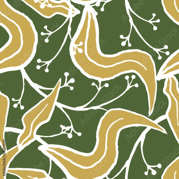 Fototapeta Nature seamless vector pattern with hand drawn twig, tree branch with leaves, tropical summer time. Ecological rural theme for poster print, wrapping paper, wallpaper, clothes textile, fabric design.