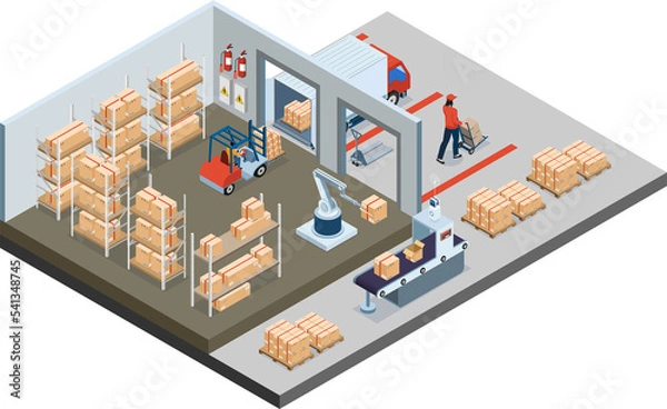 Fototapeta 3D isometric Warehouse Logistic concept with Workers loading products on the trucks, Transportation operation service, Export, Import, forklift, pallets, cardboard boxes. Clipart Transparent PNG