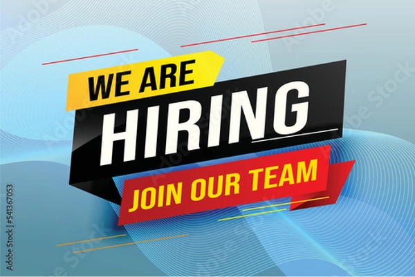 Fototapeta hiring recruitment Join now design for banner poster We are hiring lettering with geometric shapes lines. Vector illustration typographic. Open vacancy design template modern concept
