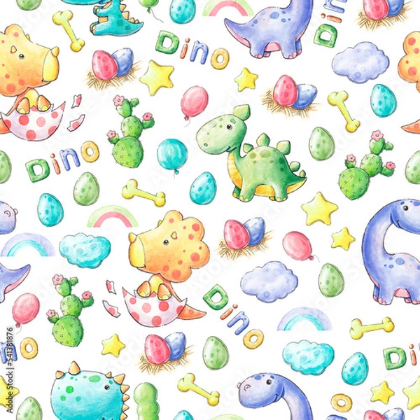 Obraz Watercolor background with dinosaurs. Children's illustration. Seamless pattern.