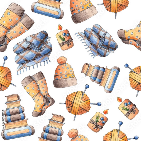 Obraz Autumn and winter background. Illustration of the Hugge style, a pattern drawn in watercolor. Cozy plaid, knitted clothes.