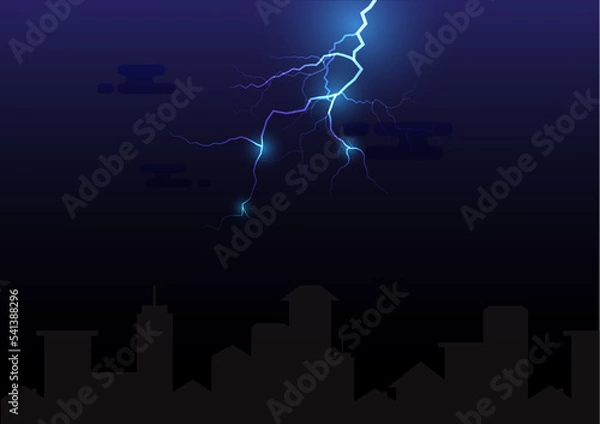 Fototapeta lightning and thunderstorm on blue light with cloud over the buildings in the night sky of city, blue illuminated path of thunder sparks light on background, climate change, creative design background