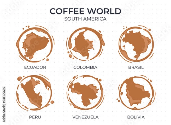 Fototapeta Collection of coffee cup round stains shaped like a coffee origin countries, producers and exporters from South America