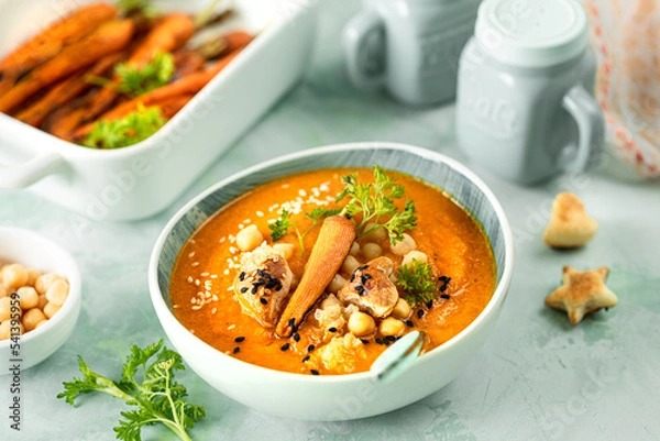 Fototapeta Pumpkin cream soup. Pumpkin and carrot puree soup with chickpeas and quinoa on a green background. Vegetarian cuisine. Vegan recipes.