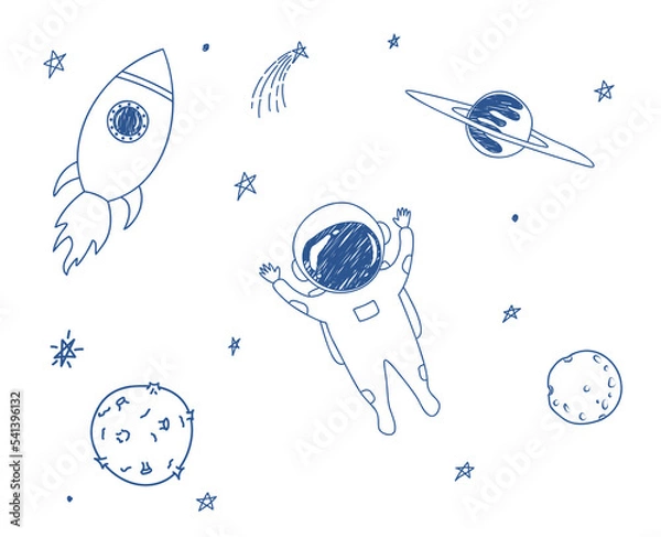 Fototapeta Hand drawn blue happy astronaut, planets and stars in cute childish doodle style on white background. Vector illustration for cover, print, fabric, textile, patterns, baby and kids apparel and more.