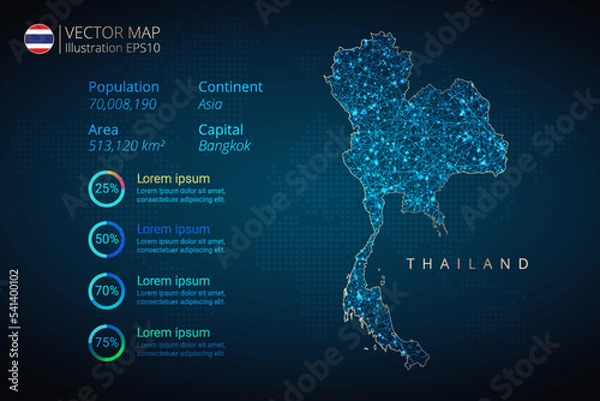 Fototapeta Thailand map infographics vector template with abstract geometric mesh polygonal light concept on blue background. Template for diagram, graph, presentation and chart